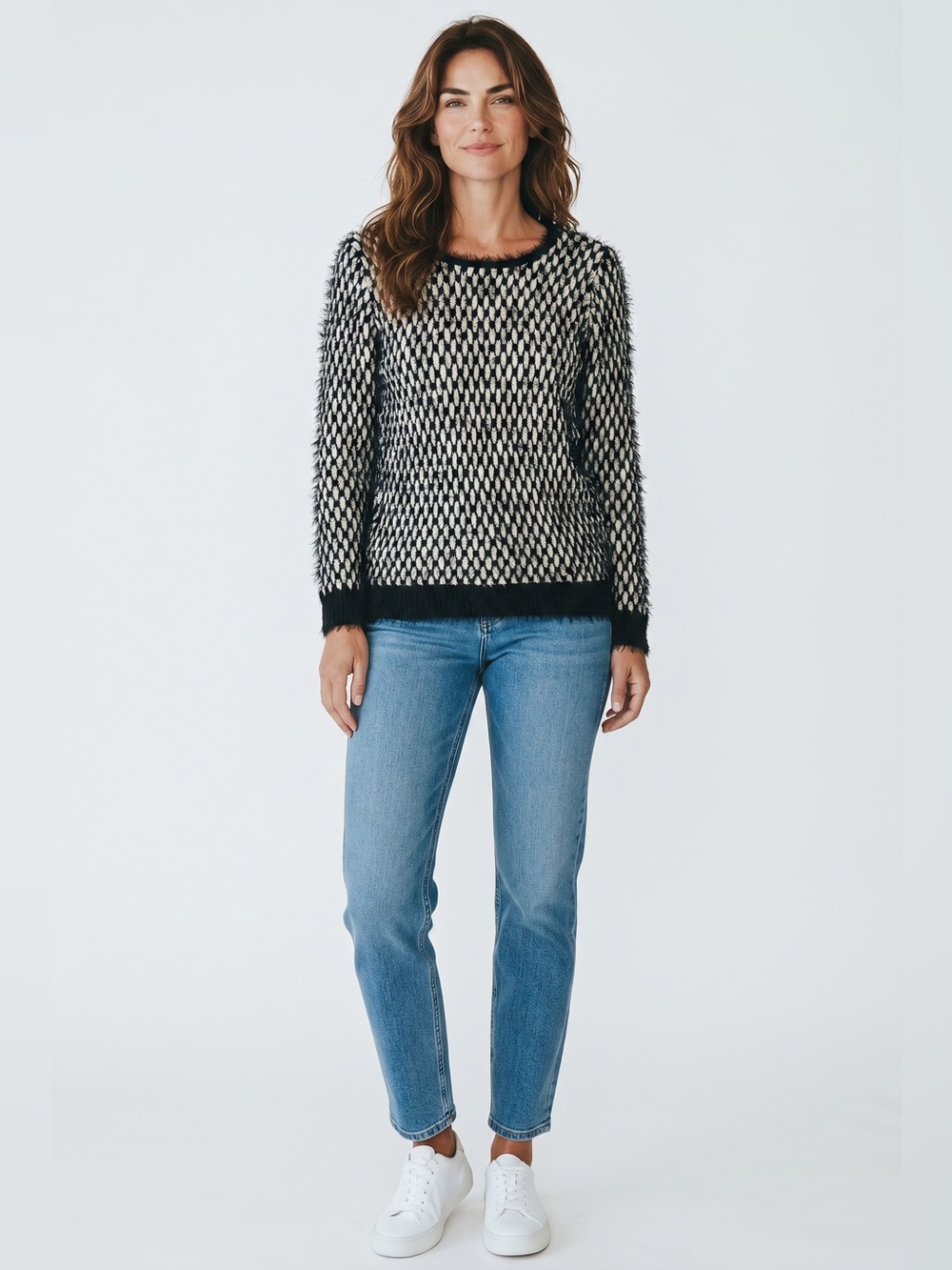 Katsumi Long Sleeve Scoop Neck Sweater // Black & White // Small